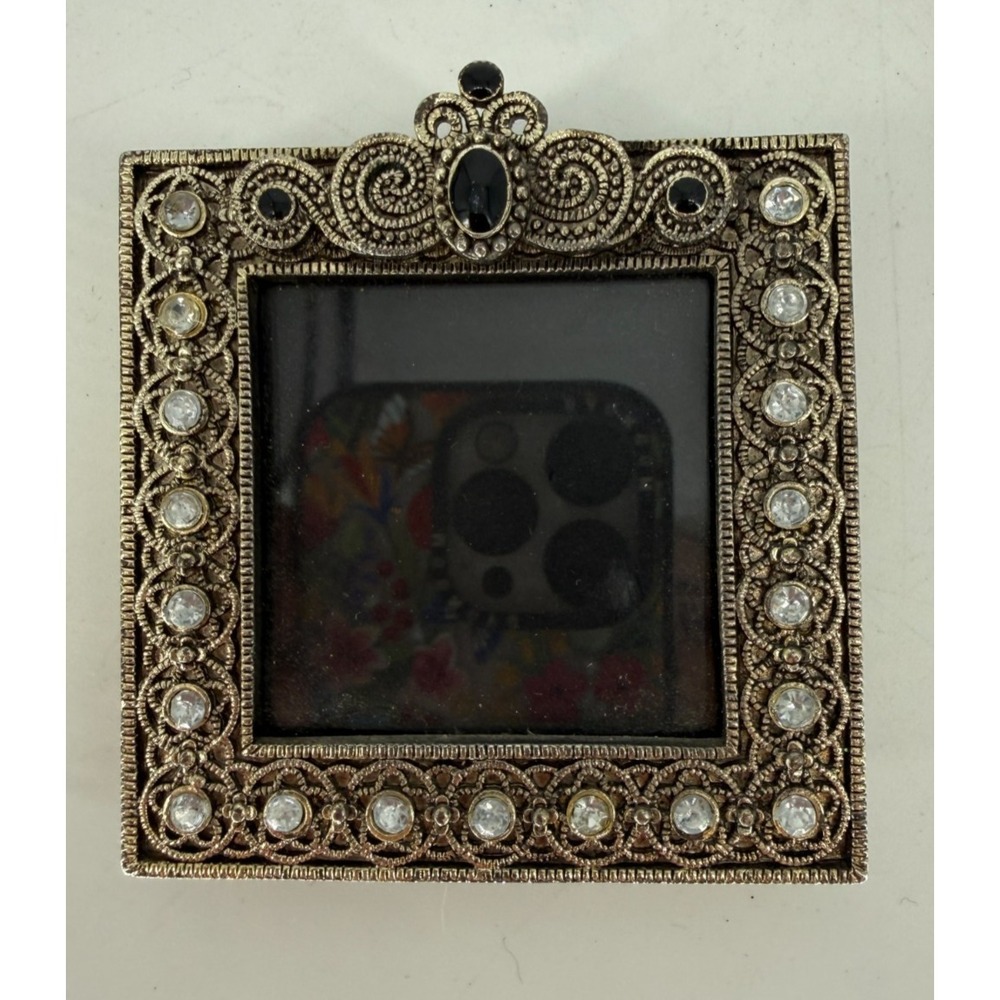 Vintage‎ Ornate Rhinestone Photo Frame Gold Tone Filigree Black Accent 3x3